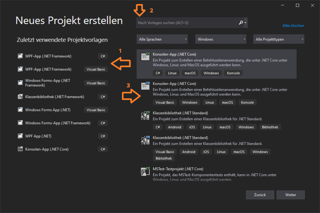 Visual Studio Projekte Template Auswahl