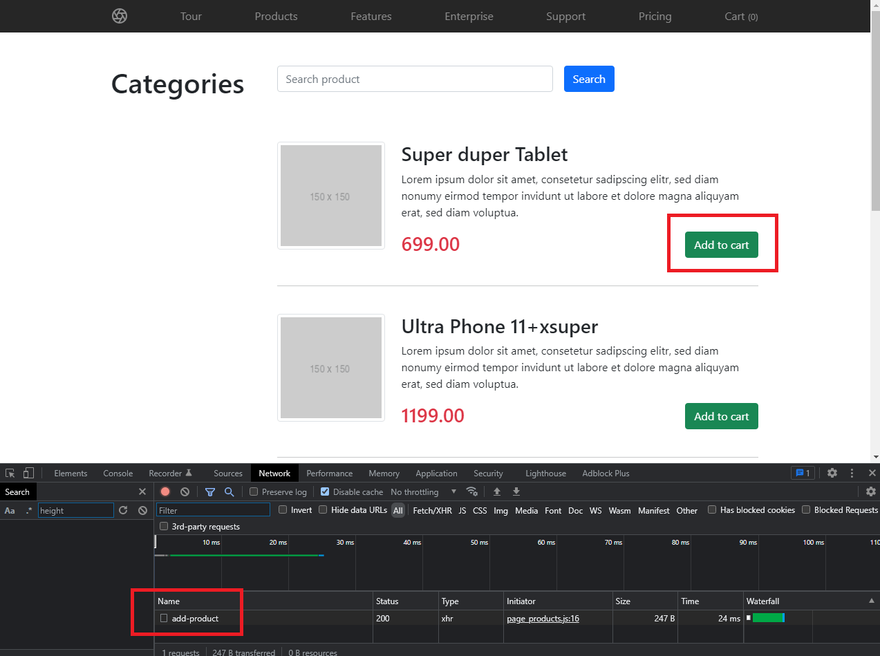 Clicking the add to cart button inside our hacky webshop example