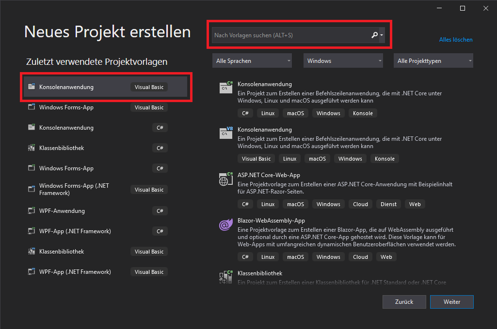 Visual Studio Projekt anlegen - Nach Projektvorlage suchen