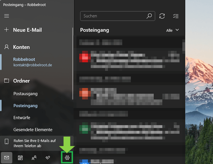 Windows 11 Mail Einstellungen mit Rädchen öffnen