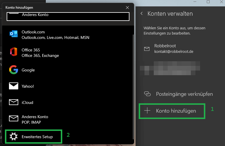 Windows Mail Konto hinzufügen - Erweitertes Setup