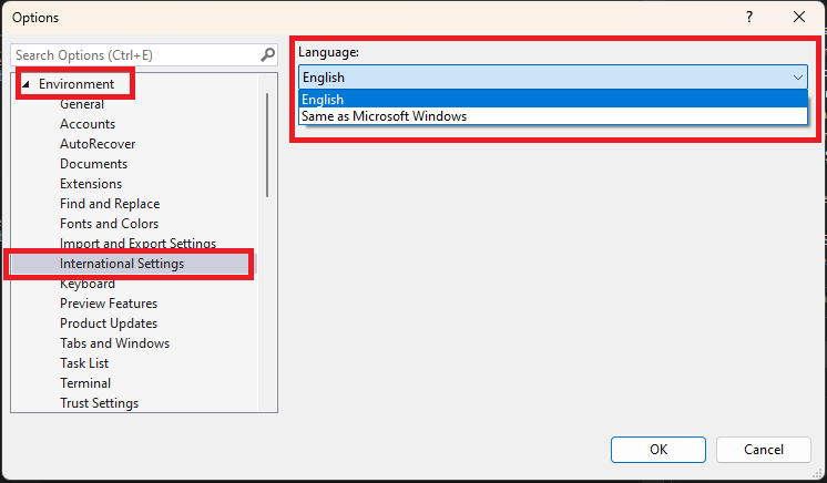 Changing the language for the Visual Studio IDE itself