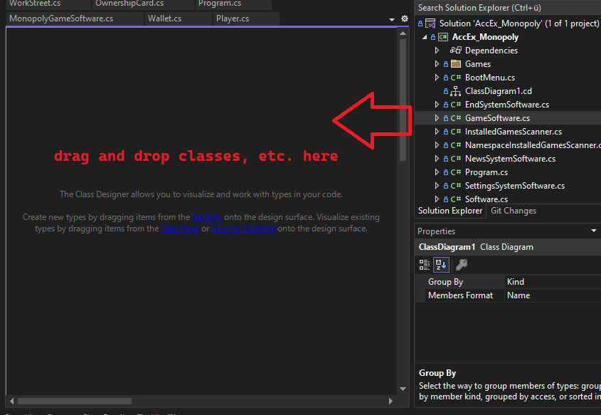 Dragging and dropping classes and interfaces on the visual studio class diagram
