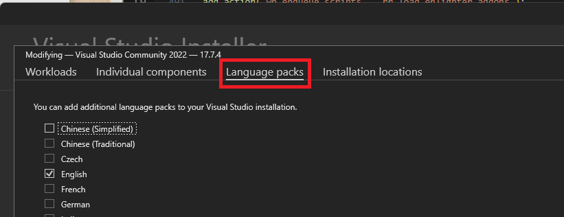 Getting into the Visual Studio installer language packs tab