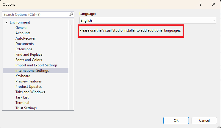 Hint to use the Visual Studio installer to add more languages
