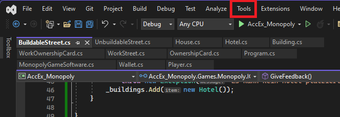 Opening the Tools menu inside of Visual Studio IDE