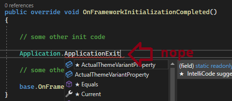Trying to handle Avalonia UI application exit with typical WPF Application.Exit event