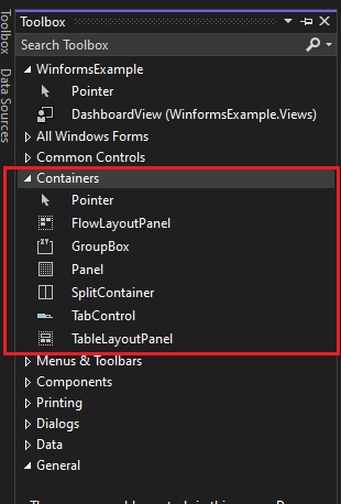 Container controls inside of the Visual Studio Designer ToolBox