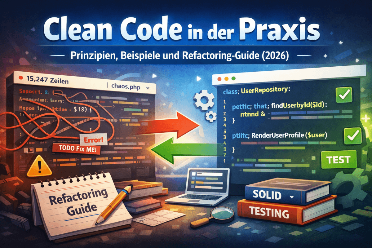 Vergleich zwischen unstrukturiertem C#-Code und sauberem, refaktoriertem Clean Code mit klarer Klassenstruktur