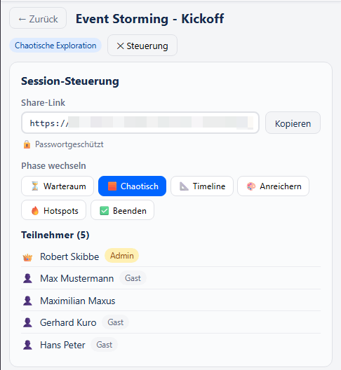 Event Storming Portal: Phasen steuern und Teilnehmer in Echtzeit sehen