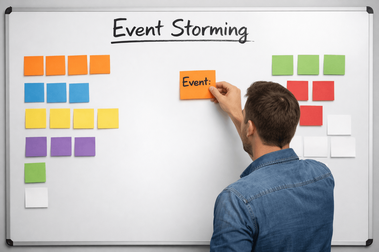 Entwickler klebt orangefarbenes Event-Sticky an ein Whiteboard während eines Event Storming Workshops