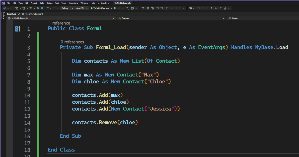 VB.NET List(Of Contact) example in Visual Studio – adding and removing items